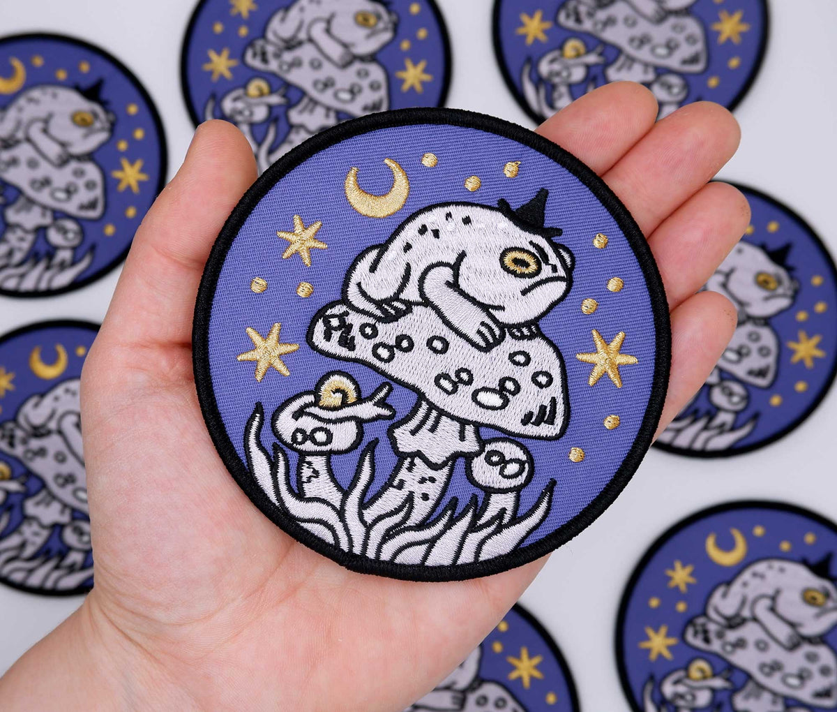 Grumpy Toad Witch Embroidered Patch – 4" Metallic Gold Iron-On
