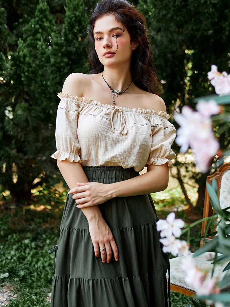 Women Renaissance Cotton Tops Crew Neck Off Shoulder Tops