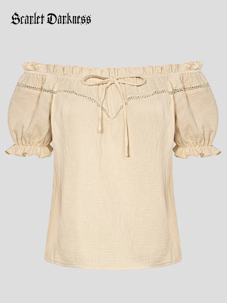 Women Renaissance Cotton Tops Crew Neck Off Shoulder Tops