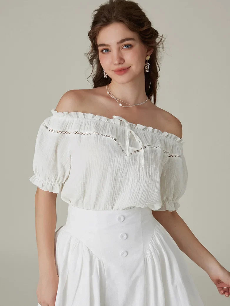 Women Renaissance Cotton Tops Crew Neck Off Shoulder Tops