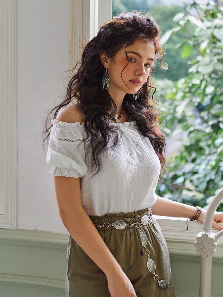 Women Renaissance Cotton Tops Crew Neck Off Shoulder Tops